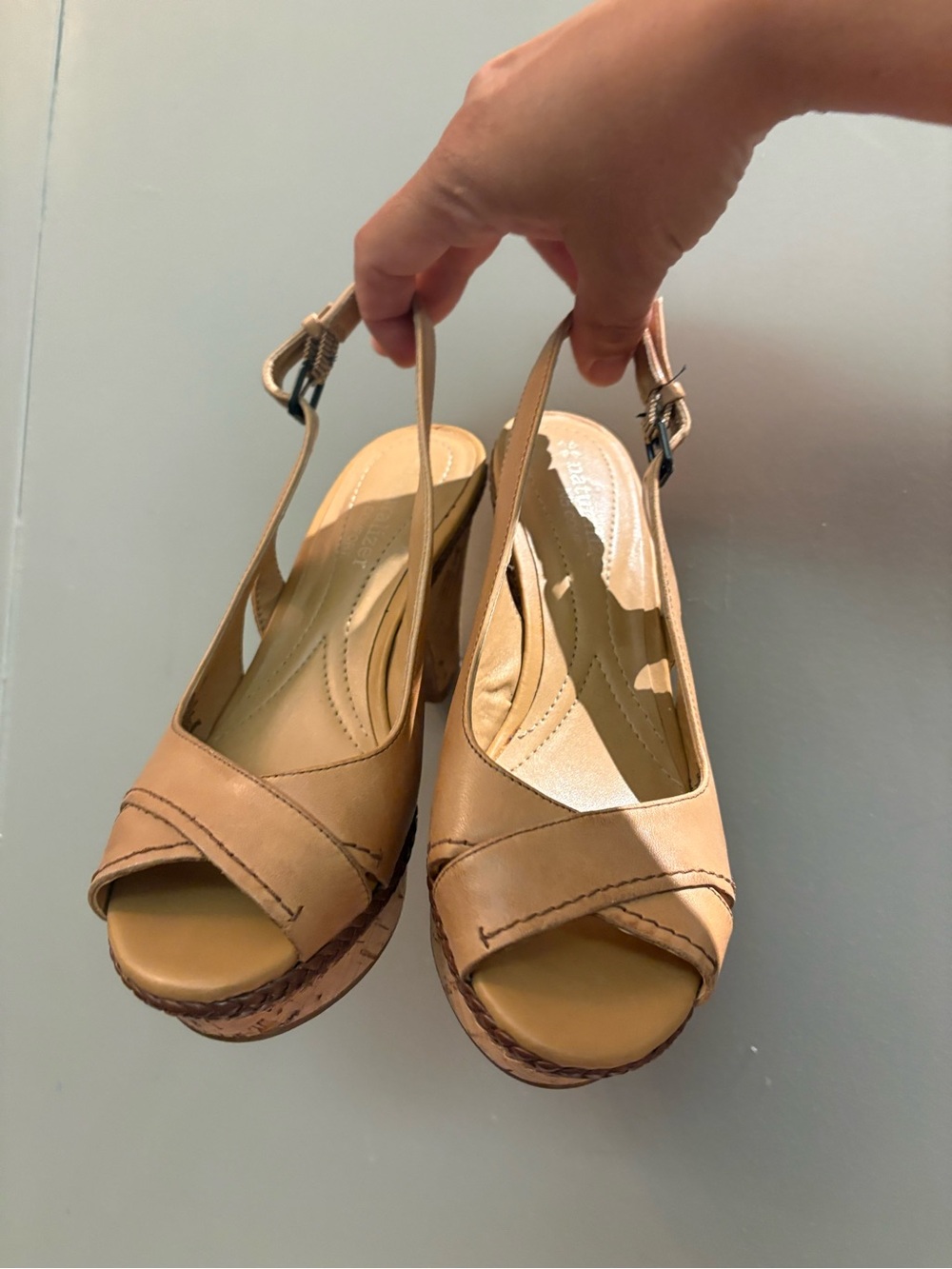 Naturalizer N5 Comfort Cork Wedge Platform Sandals - Beige Leather - Size 4.5M